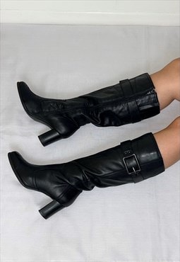 Black Leather Knee High Vintage Buckle Boots