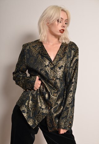 VINTAGE 80S METALLIC GOLD CHIFFON SHIRT IN BLACK