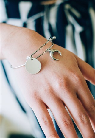 HORN AND DISC CHARM SILVER BOHO BANGLE