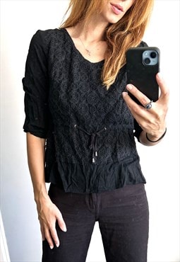 90s Black Embroidered Blouse 