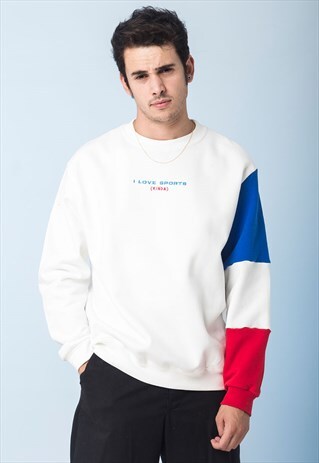 WHITE,BLUE & RED SWEATSHIRT EMBROIDERED COLORBLOCK