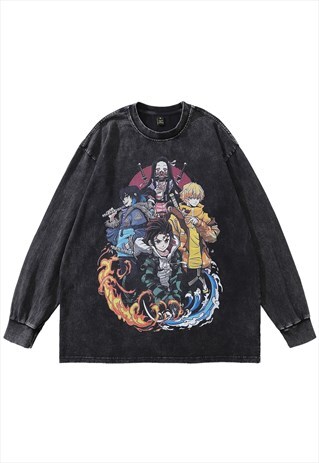 ANIME T-SHIRT JAPANESE CARTOON VINTAGE WASH TOP LONG TEE
