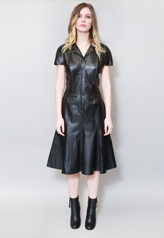 VINTAGE LOEWE FLARED PANELLED LEATHER MIDI DRESS