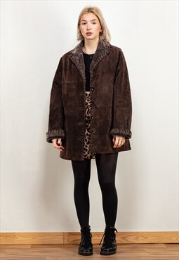 Vintage 90's Women Suede Insulated Coat in Dark Brown