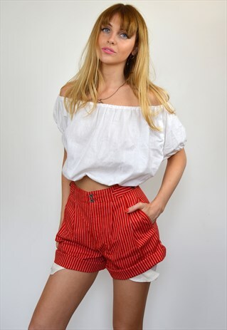 VINTAGE 90S RED & WHITE PINSTRIPE DENIM HIGH WAISTED SHORTS