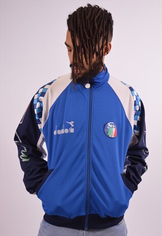 DIADORA MENS VINTAGE TRACKSUIT TOP JACKET MEDIUM BLUE 90S