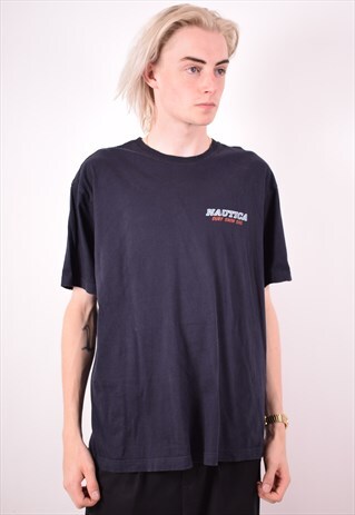 NAUTICA MENS VINTAGE T-SHIRT TOP LARGE NAVY BLUE 90S