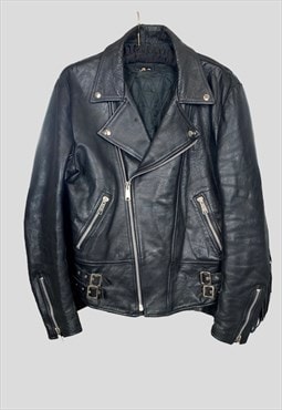 70's Black Leather Vintage Fringed Biker Motorbike Jacket