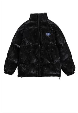 Sky bomber galaxy print puffer jacket in black