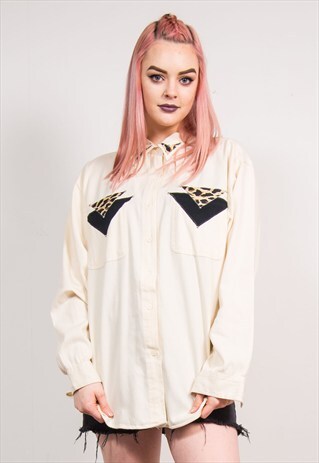 90'S VINTAGE CREAM LEOPARD PRINT PANEL WESTERN SHIRT