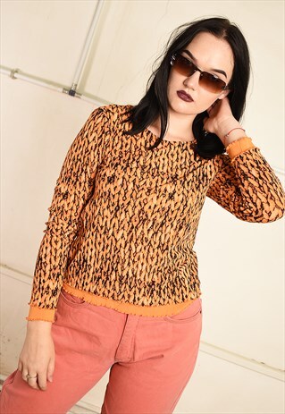 VINTAGE Y2K KITSCH ABSTRACT PRINT MESH PARTY TOP IN ORANGE