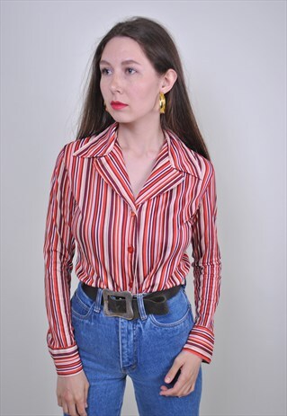 PINK STRIPED BLOUSE, VINTAGE SEXY EVENING DECOLLETE SHIRT
