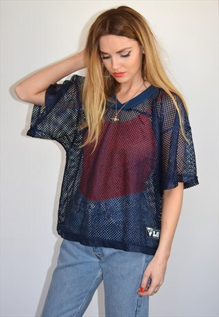 VINTAGE 90S NAVY SEE-THROUGH MESH SPORT JERSEY TOP