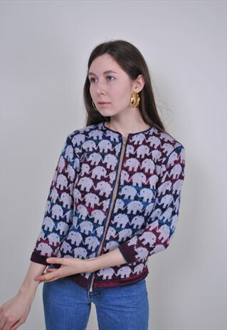 VINTAGE ELEPHANT PRINT CARDIGAN, 90S MULTICOLOR WOOL SWEATER