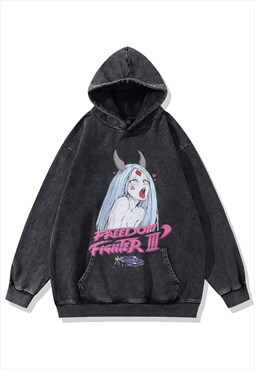 Devil print hoodie anime pullover Japanese cartoon top grey