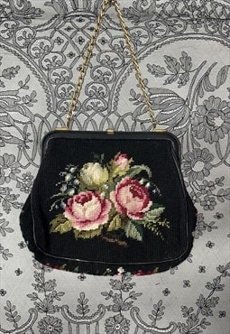 Vintage Ladies 50'/60's Tapestry Embroidery Black Floral Bag