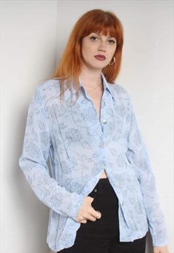 Vintage 80s Floral Patterned Sheer Blouse Shirt Blue