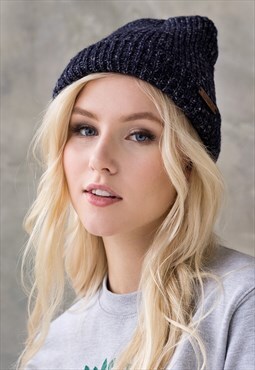 Hand Knitted Style Beanie Fisherman Hat Roll Up Navy Women