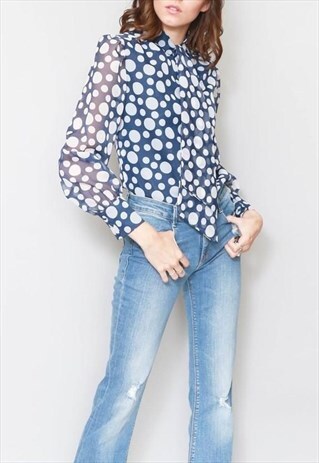 VINTAGE 1970'S BLUE & WHITE SPOT PRINT TOP