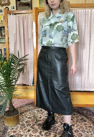 VINTAGE 80S BLACK LEATHER MAXI SKIRT
