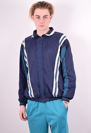 MENS VINTAGE TRACKSUIT TOP JACKET LARGE NAVY BLUE 90'S