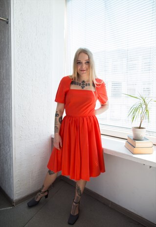 VINTAGE 70'S BRIGHT RED CORAL RED SQUARE NECK MIDI DRESS