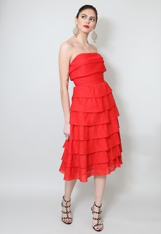 Frank Usher Vintage 70's Red Tiered Cocktail Midi Dress 