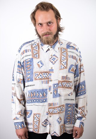 VINTAGE 90S AZTEC PRINT LONG SLEEVE LINEN SHIRT