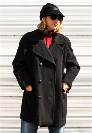 VINTAGE 90S BLACK CASHMERE WOOL PEA COAT
