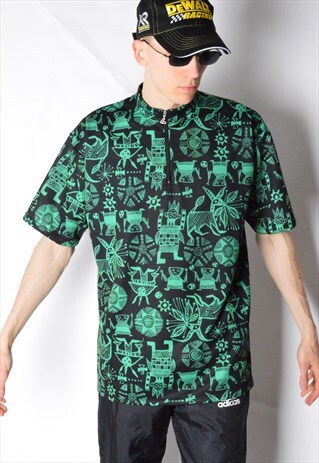 VINTAGE 80S BLACK GREEN AZTEC 1/4 ZIPPER SPORTS SHIRT