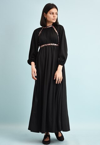VINTAGE 70'S RETRO TRIMMED ELEGANT SMOCK MAXI DRESS