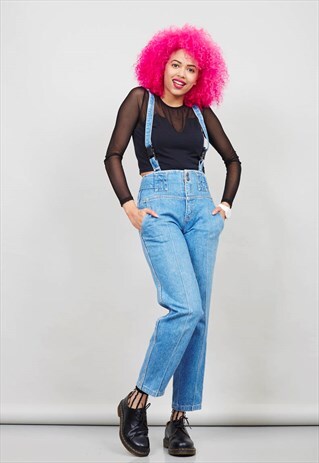 VINTAGE LIGHT WASH SLIM FITTING BRACES DUNGAREES