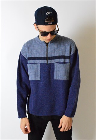 VINTAGE 90S BLUE COLOUR BLOCK WOOL BLEND 1/3 ZIPPER JUMPER