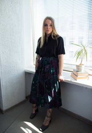 VINTAGE 80'S BLACK PATTERNED MIDI SKIRT