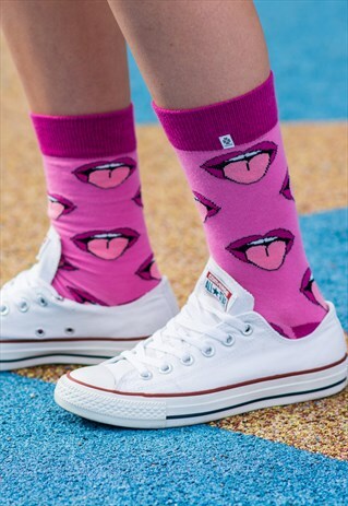 NOVELTY SOCKS WOMEN MENS WITH FUNNY HOT PINK MOUTH, TONGUE