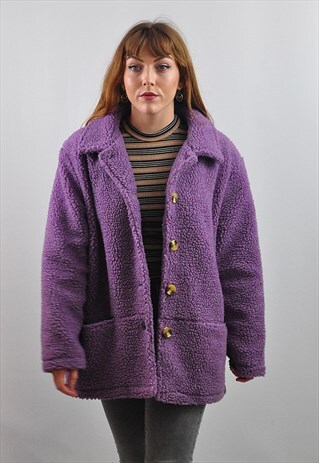 VINTAGE 90S PURPLE OVERSIZE GRUNGE FLEECE / BORG JACKET