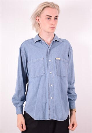 REPLAY MENS VINTAGE SHIRT MEDIUM BLUE STRIPES 90S