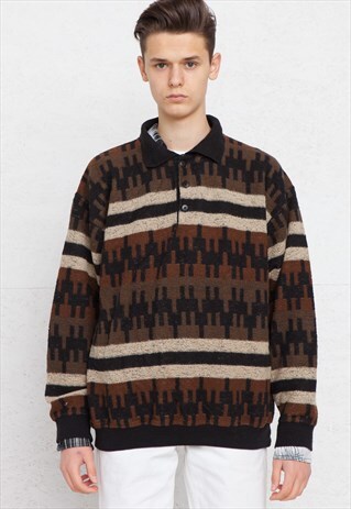 VINTAGE BROWN POLO NECK PULLOVER SWEATSHIRT