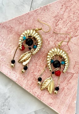 90s Boho Feather Earrings Drop Vintage Jewellery 