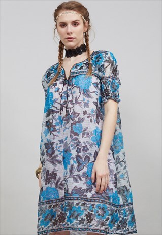 VINTAGE 70'S BLACK AND BLUE FLORAL INDIAN BOHO DRESS