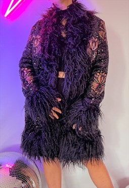 Black Sequin Penny Lane Afghan Faux Fur Coat
