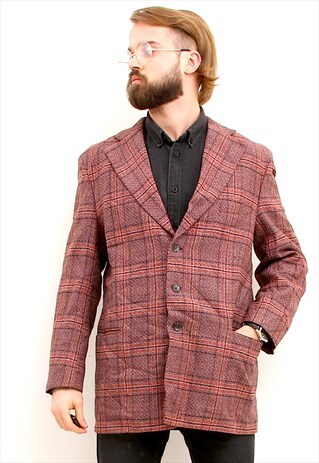THREE BUTTONS FORMAL SPORT COAT CHECKERED RED MEN BLAZER