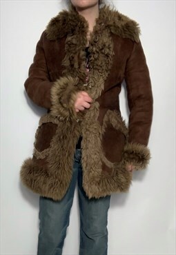 Afghan penny lane jacket mid length fur lining y2k brown tan