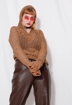 Vintage 90s Grunge Y2k Brown Crochet Knit Hooded Jumper