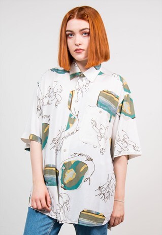 VINTAGE 90'S WHITE CRAZY PATTERNED OVERSIZE SHIRT