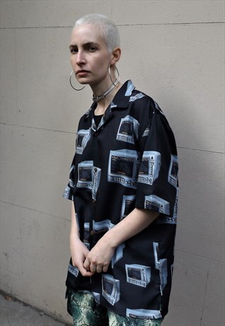 LOOSE FIT OVERSIZE SHORT SLEEVE RETRO PC PRINT SHIRT TOP