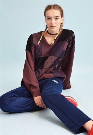 90'S RETRO ABSTRACT PATTERN KNIT OVERSIZED DADS JUMPER TOP