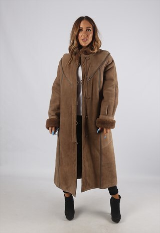 VINTAGE SHEEPSKIN SUEDE SHEARLING COAT LONG UK L 14 (94N)