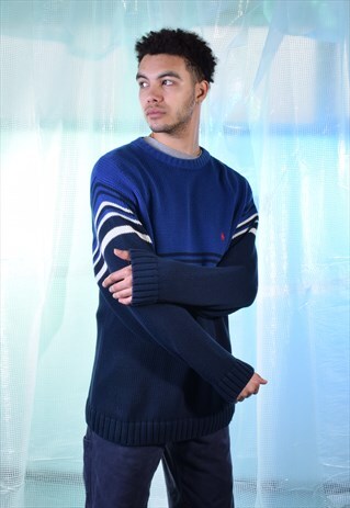 VINTAGE RALPH LAUREN BLUE, BLACK AND CREAM KNITTED JUMPER