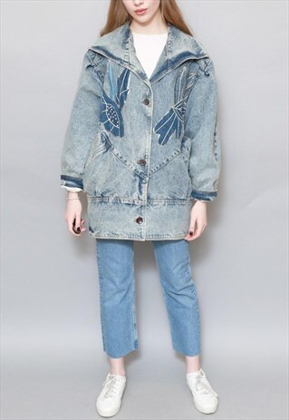VINTAGE 1990'S ACID WASH EMBELLISHED BATWING DENIM JACKET